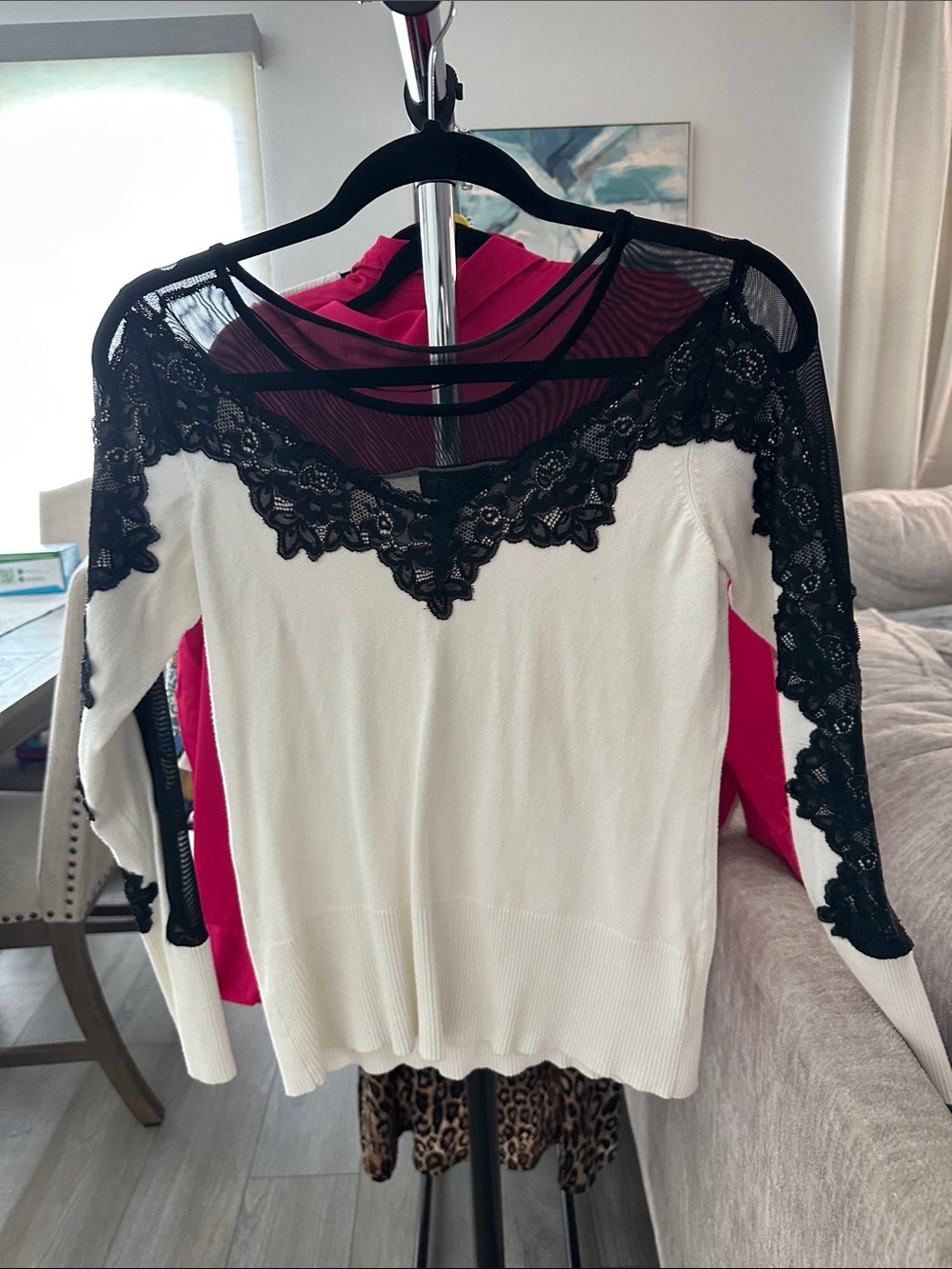 Thalia Sodi Lace-Trim Scoop Neck Long Sleeve Top - White & Black